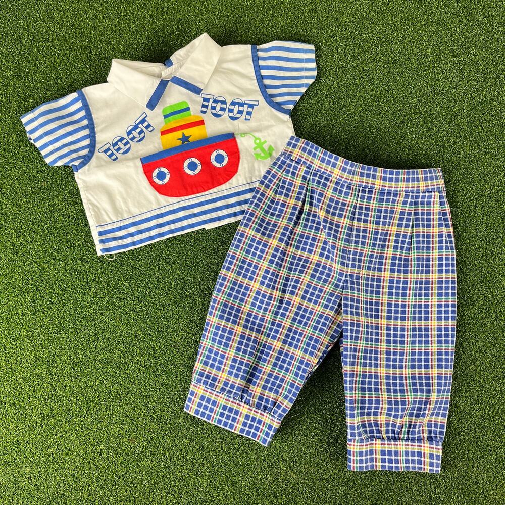 True Vintage 70s / 80s Catton Candy 6 Month Toot Toot Boat Patch Work Outfit